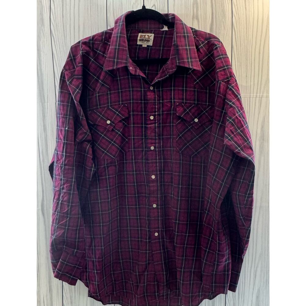 ELY Cattleman Men XXL  Red Plaid  Pearl Snap Long Sleeve Button Shirt Western